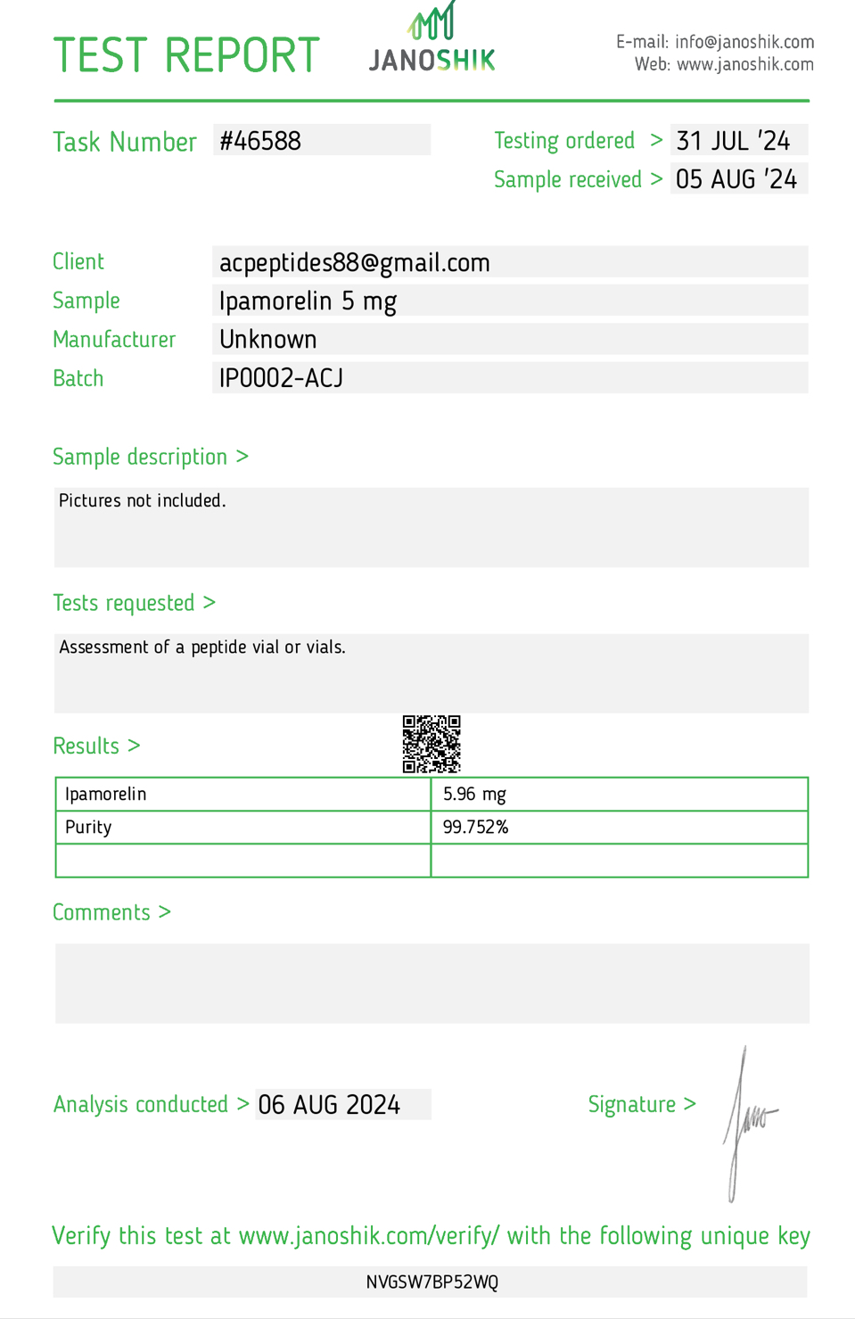 Ipamorelin (5mg) Certificate of Analysis from AMC Essentials