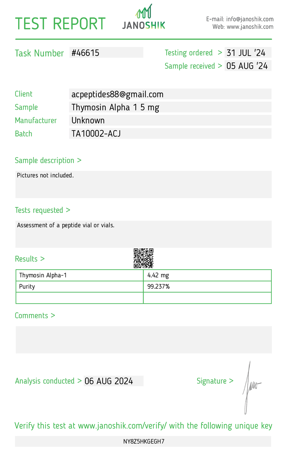 Thymosin Alpha-1 (5mg) Certificate of Analysis from AMC Essentials