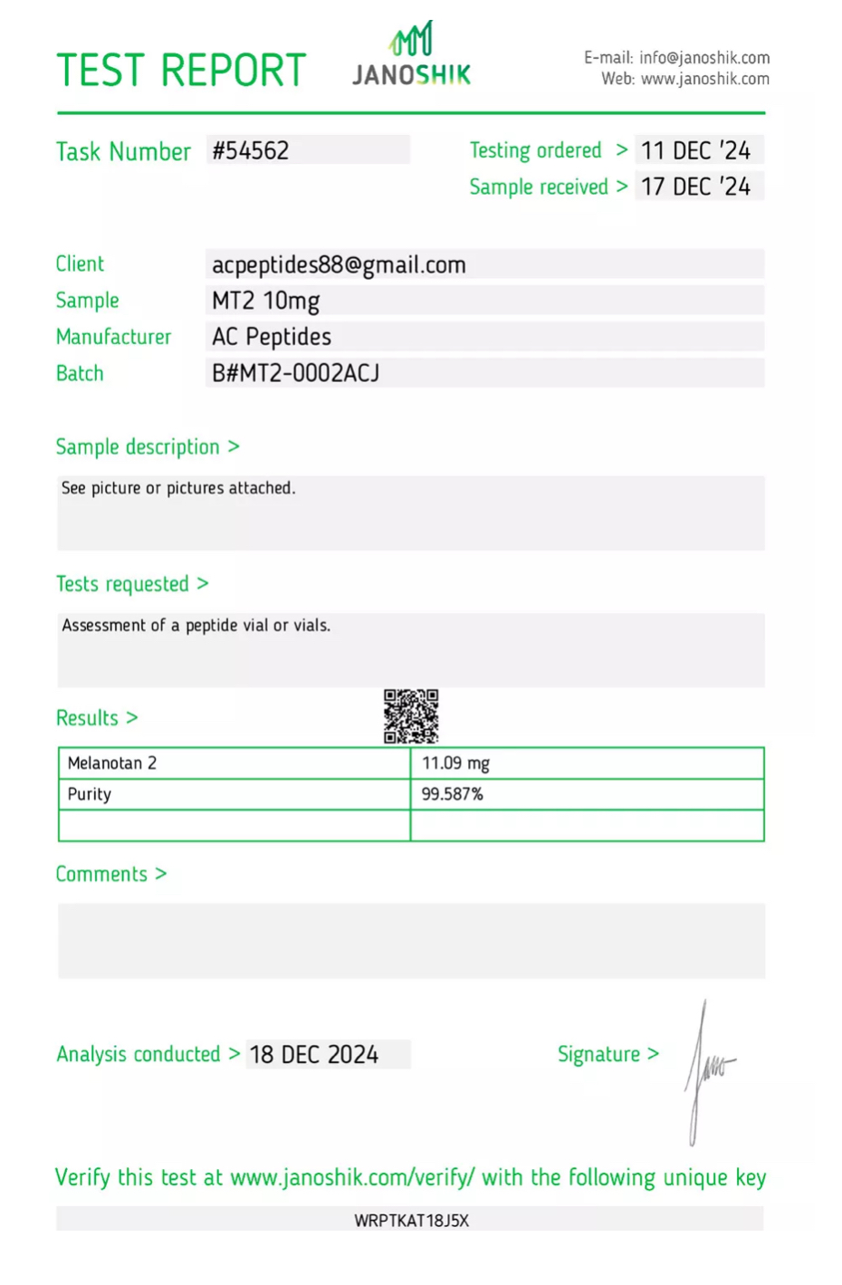 Melanotan-2 (10mg) Certificate of Analysis from AMC Essentials