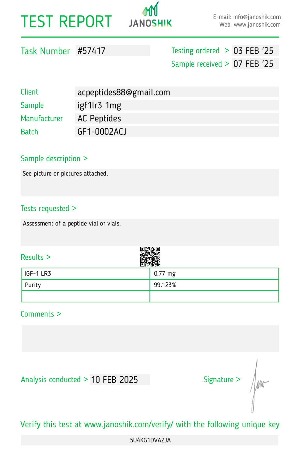 IGF-1 LR3 (1mg) Certificate of Analysis from AMC Essentials