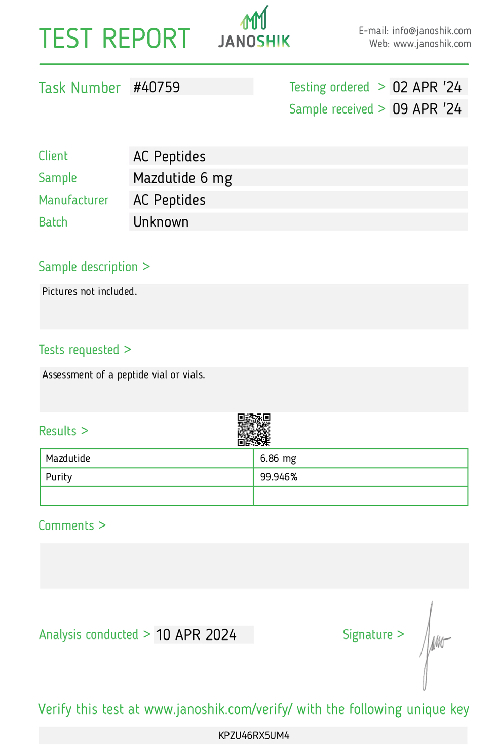 Mazdutide (6mg) Certificate of Analysis from AMC Essentials