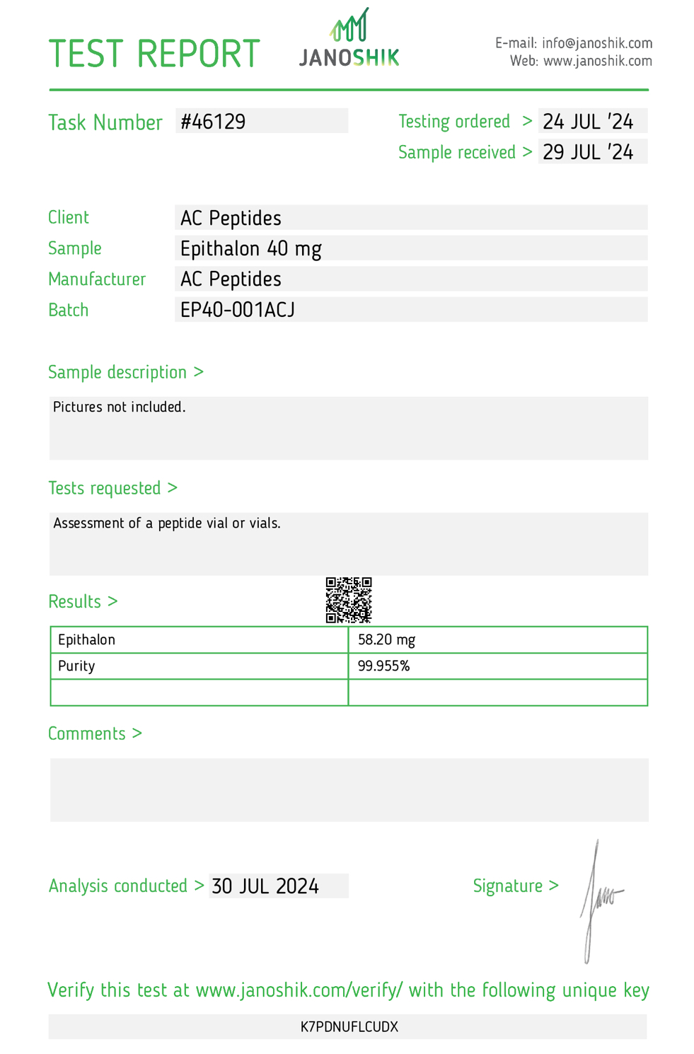 Epithalon (40mg) Certificate of Analysis from AMC Essentials