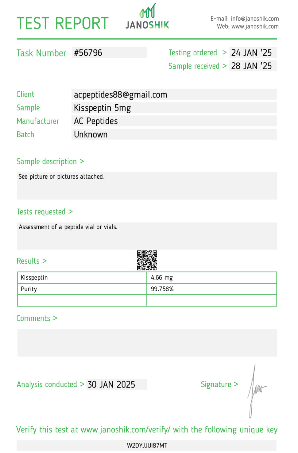 Kisspeptin (5mg) Certificate of Analysis from AMC Essentials