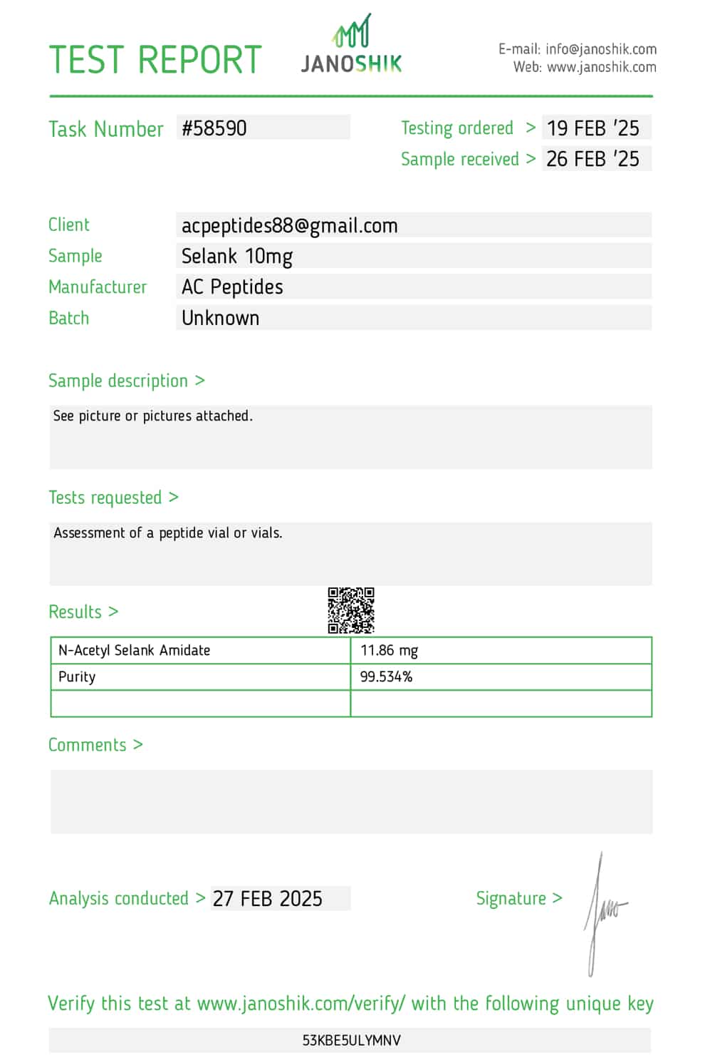 Selank (10mg) Certificate of Analysis from AMC Essentials