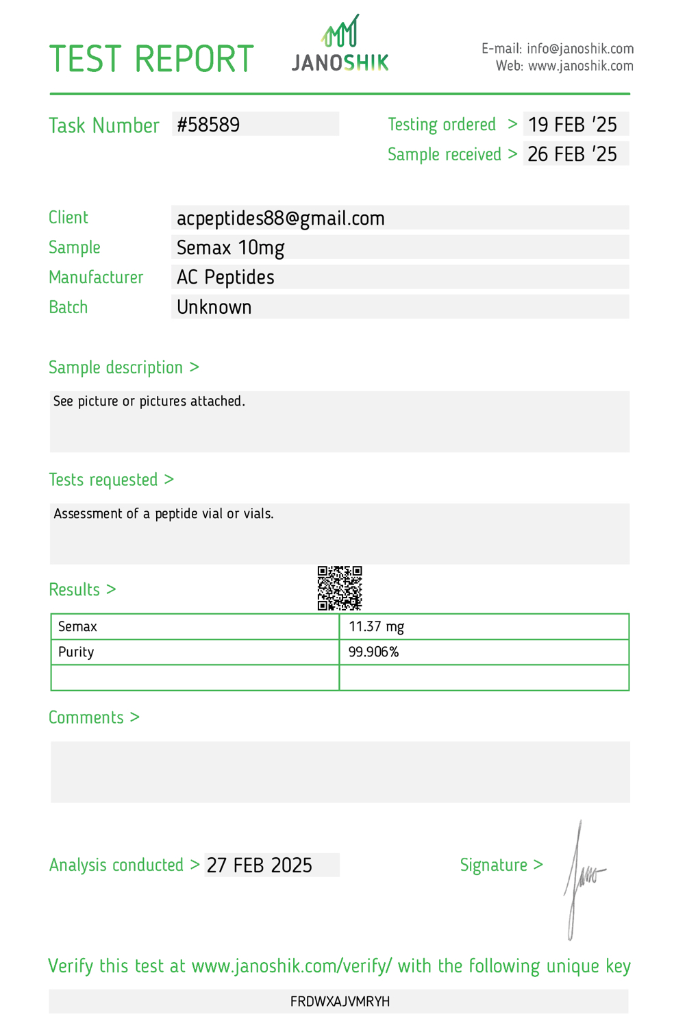 Semax (10mg) Certificate of Analysis from AMC Essentials