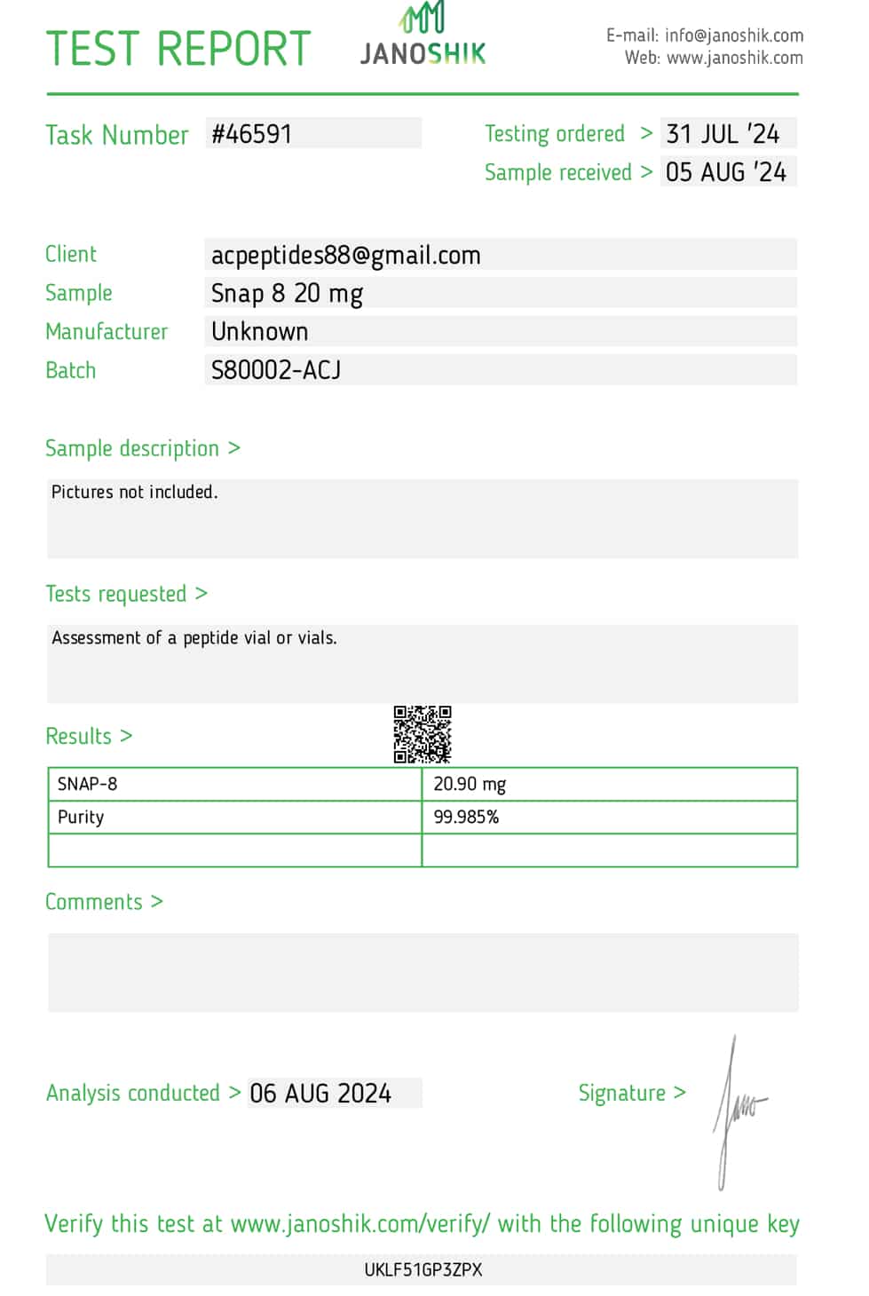 SNAP-8 (20mg) Certificate of Analysis from AMC Essentials
