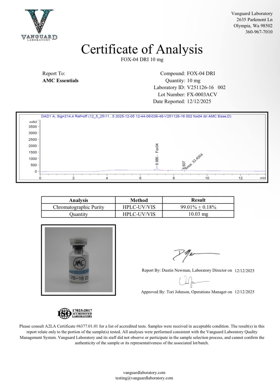 FOXO4-DRI (10mg) Certificate of Analysis from AMC Essentials