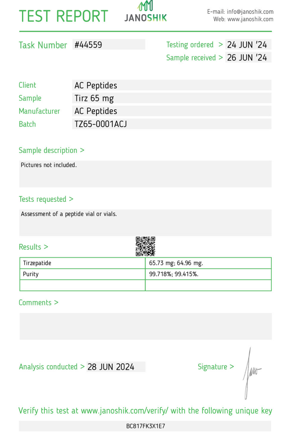 GLP-2T (65mg) Certificate of Analysis from AMC Essentials