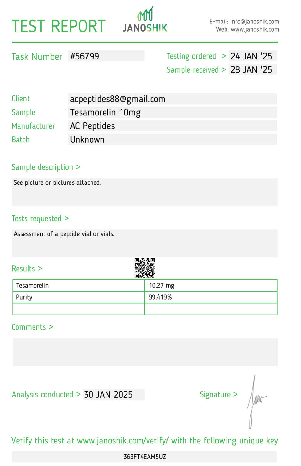 Tesamorelin (10mg) Certificate of Analysis from AMC Essentials