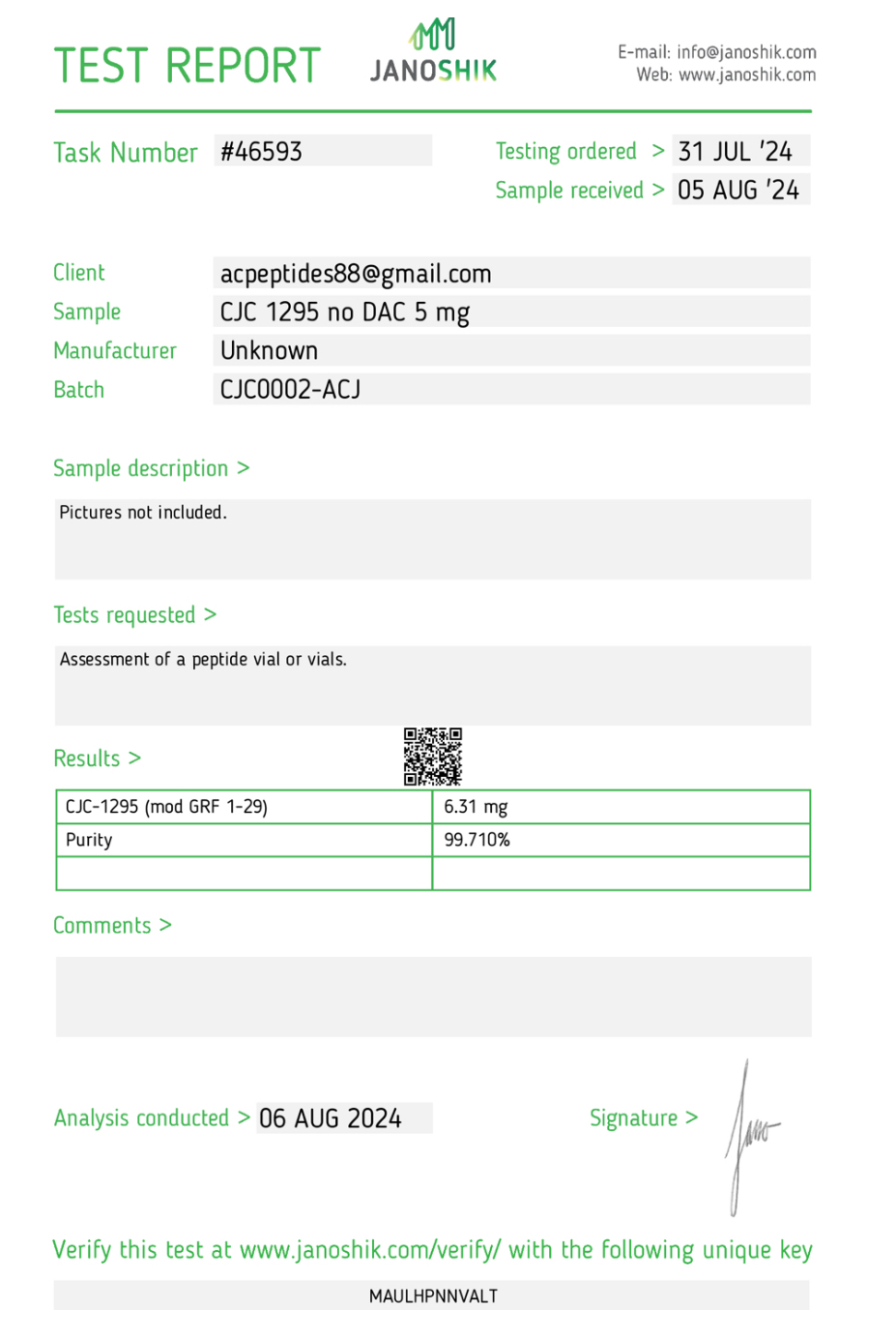 CJC-1295 (No DAC) (5mg) Certificate of Analysis from AMC Essentials