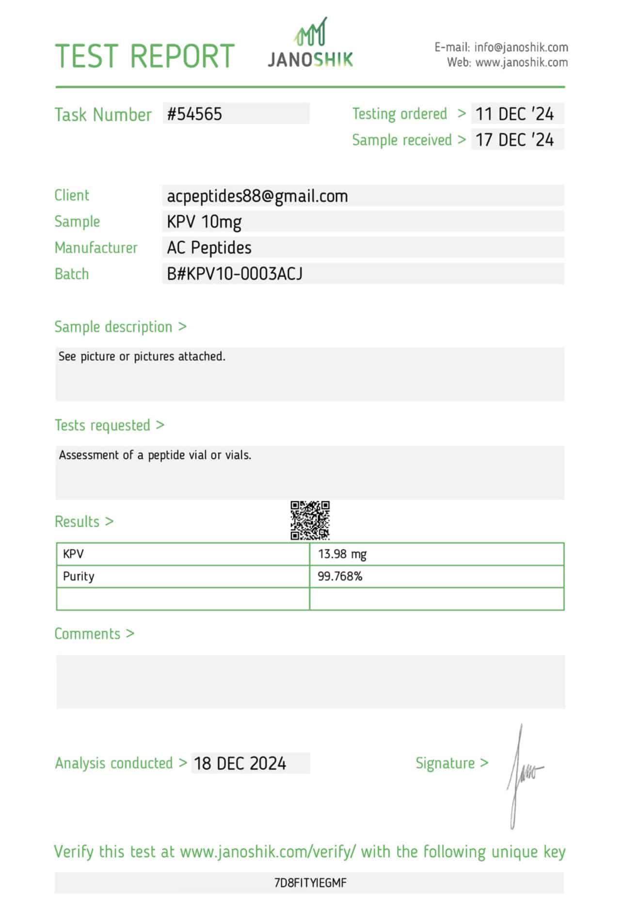 KPV (10mg) Certificate of Analysis from AMC Essentials