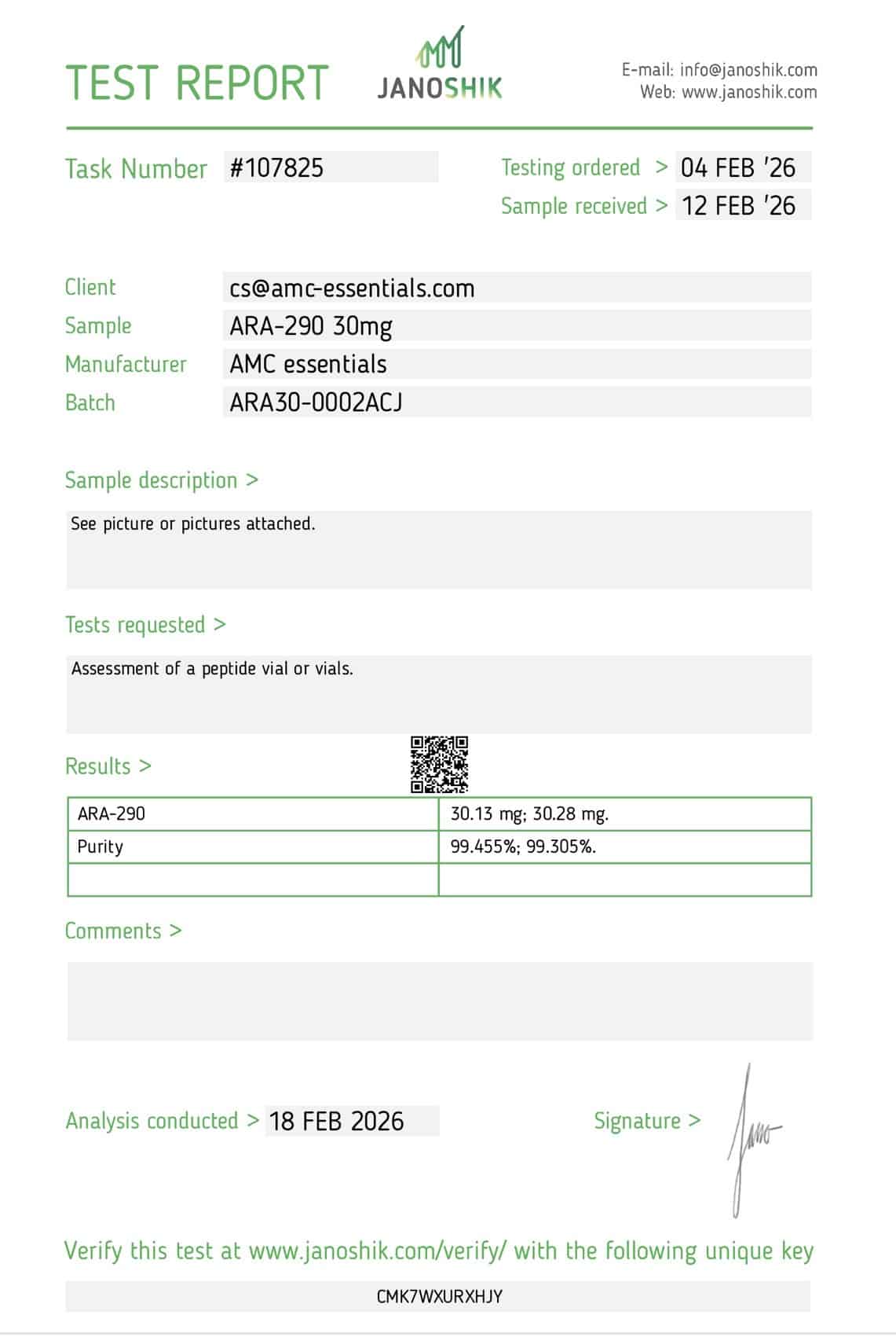 ARA-290 (30mg) Certificate of Analysis from AMC Essentials